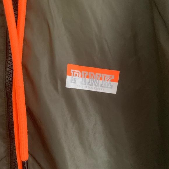 Victoria Secret Pink XS-S Zip up Jacket Army Green/Orange Nylon Hooded - Picture 4 of 6